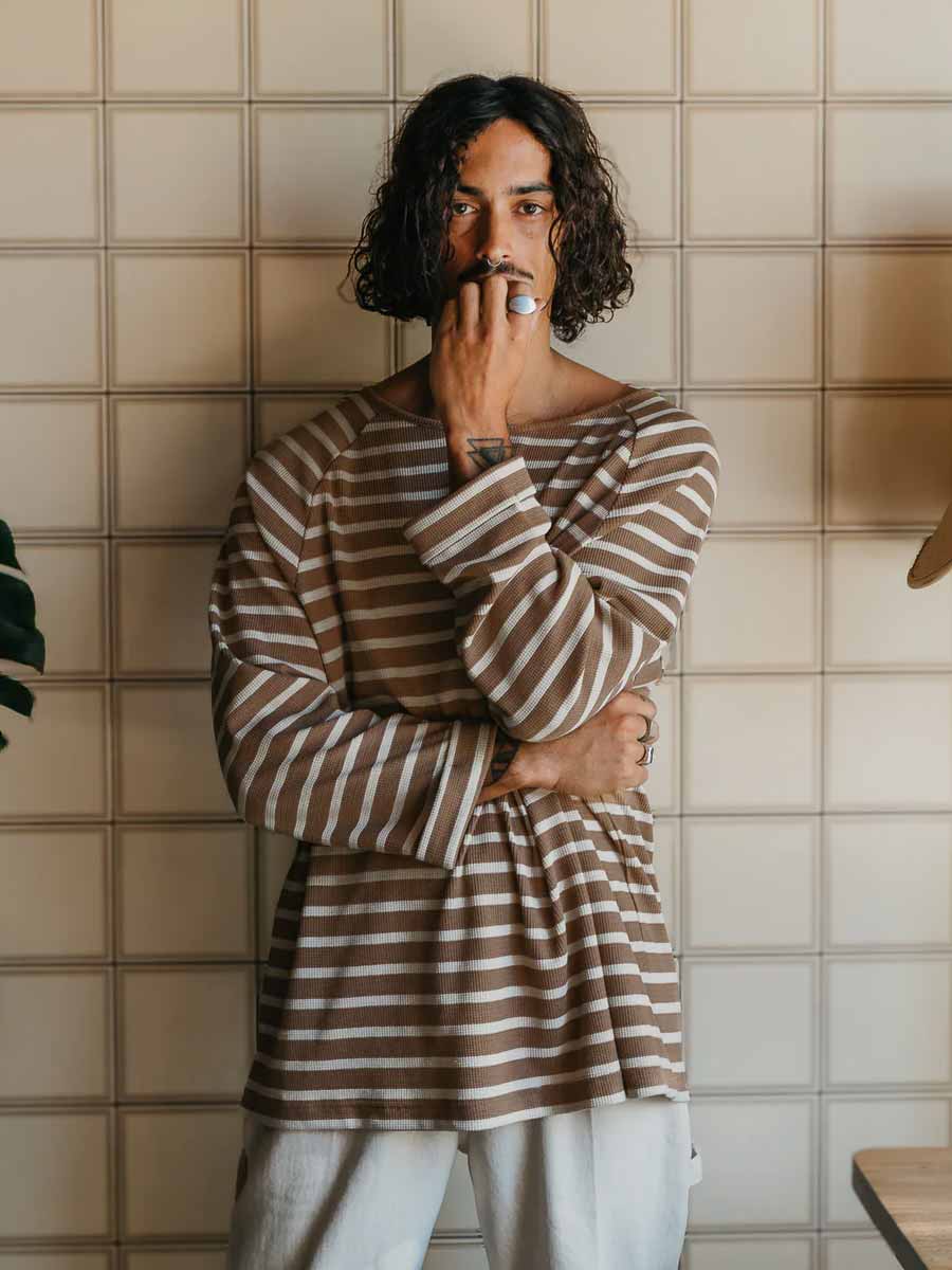 Ottway | Nolan Striped Long Sleeve T-shirt - Brown and Cream image 2