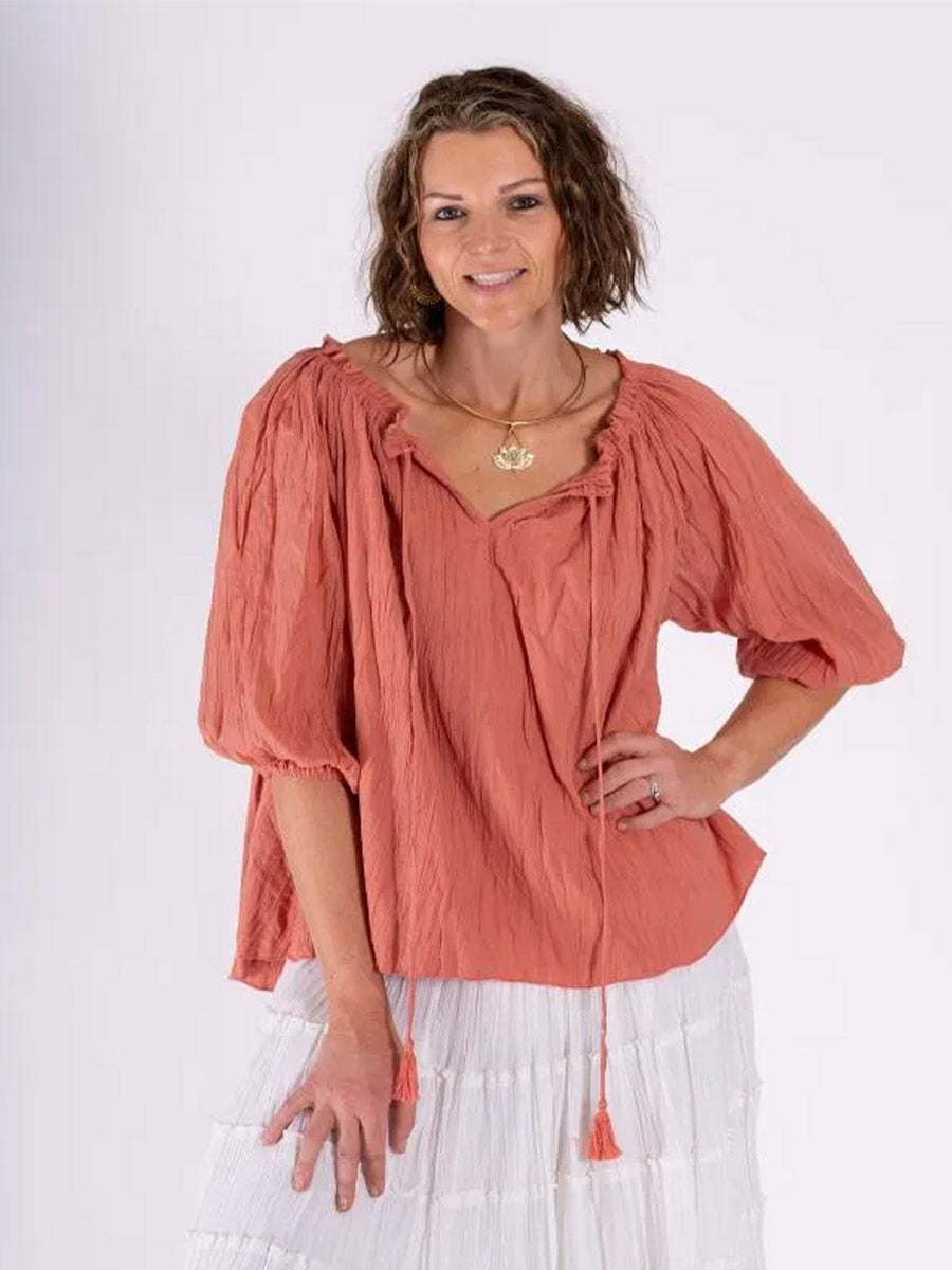 Hippy Essentials | Cotton Boho Peasant Top in Cinnamon - FREE SIZE image