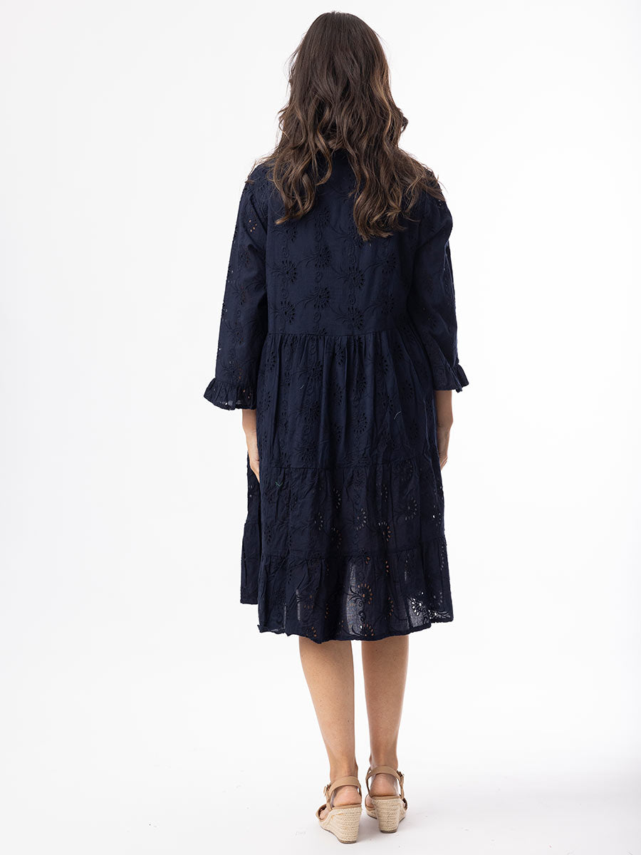 Orientique | Broderie Essentials Dress Frill Hem &amp; Sleeve - Navy image 2