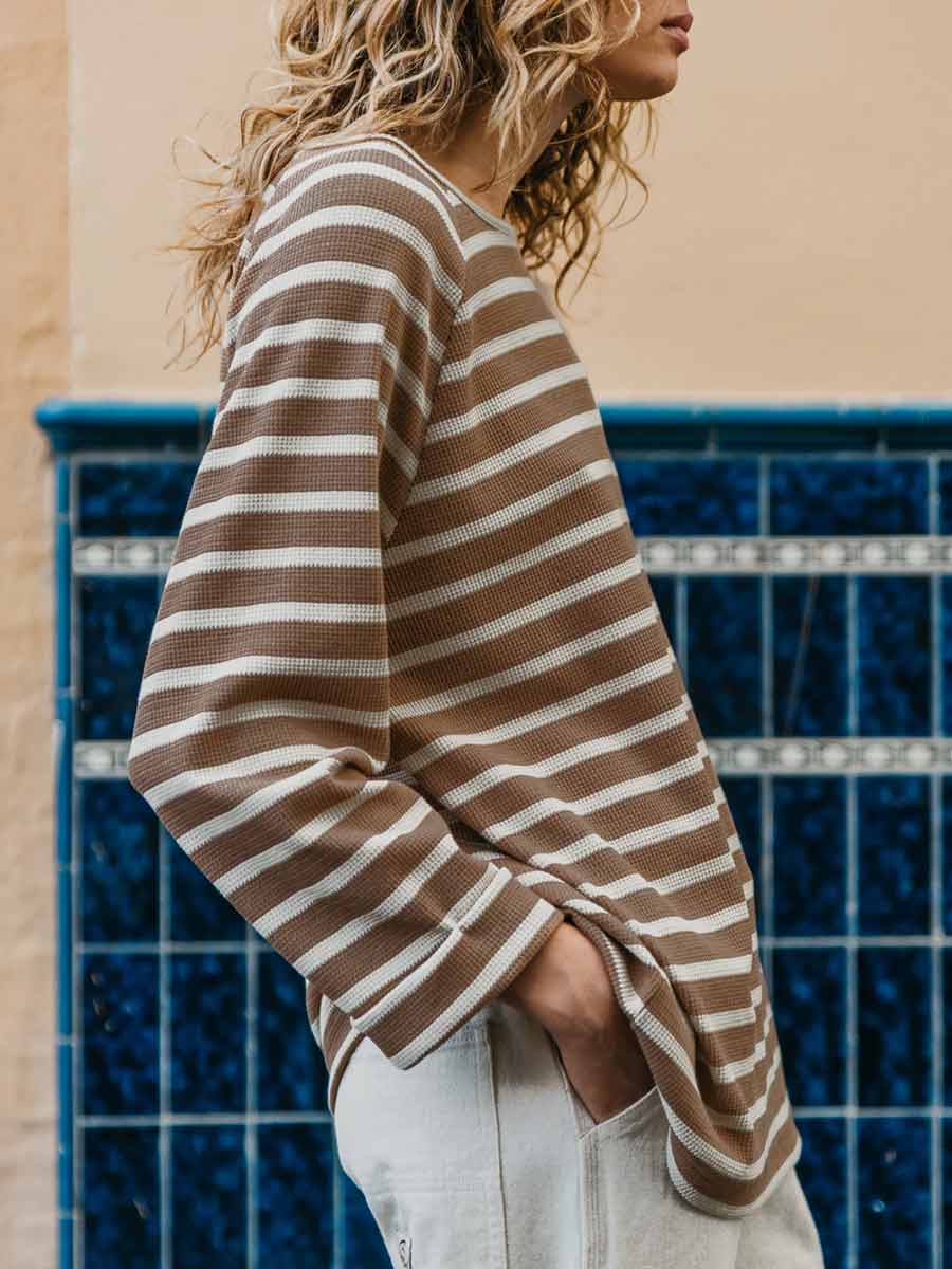 Ottway | Nolan Striped Long Sleeve T-shirt - Brown and Cream image 7