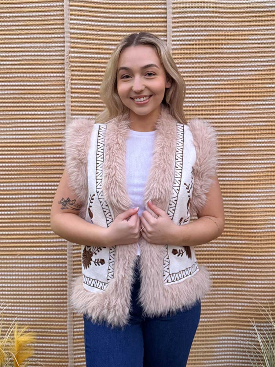 Woodland Knit Vest with Faux Fur Trim with Brown Embroidery - S/M image