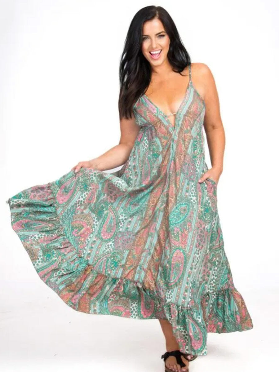 Venus Silk Maxi Dress with Frill in Green - FREE SIZE image