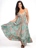 Venus Silk Maxi Dress with Frill in Green - FREE SIZE image