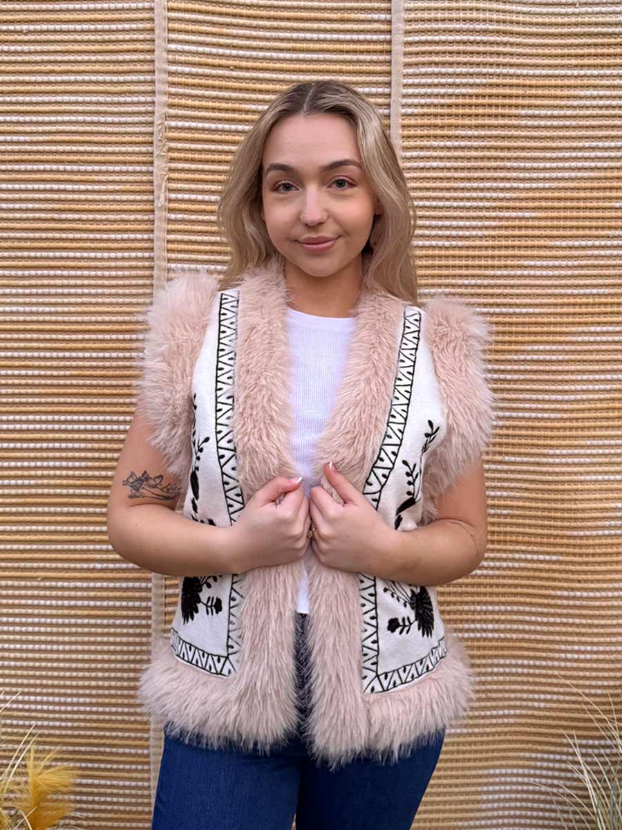 Woodland Knit Vest with Faux Fur Trim with Black Embroidery - S/M image