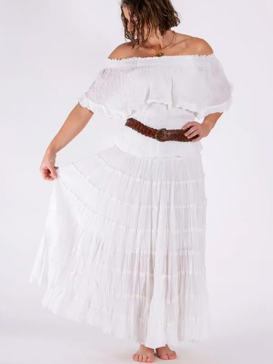 Hippy Essentials | Tiered Cotton Boho Skirt in White image 0