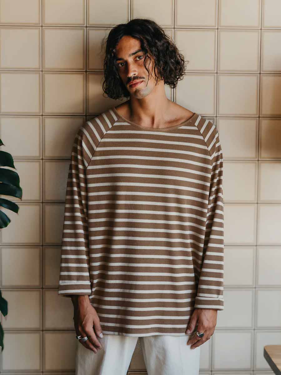 Ottway | Nolan Striped Long Sleeve T-shirt - Brown and Cream - XS image
