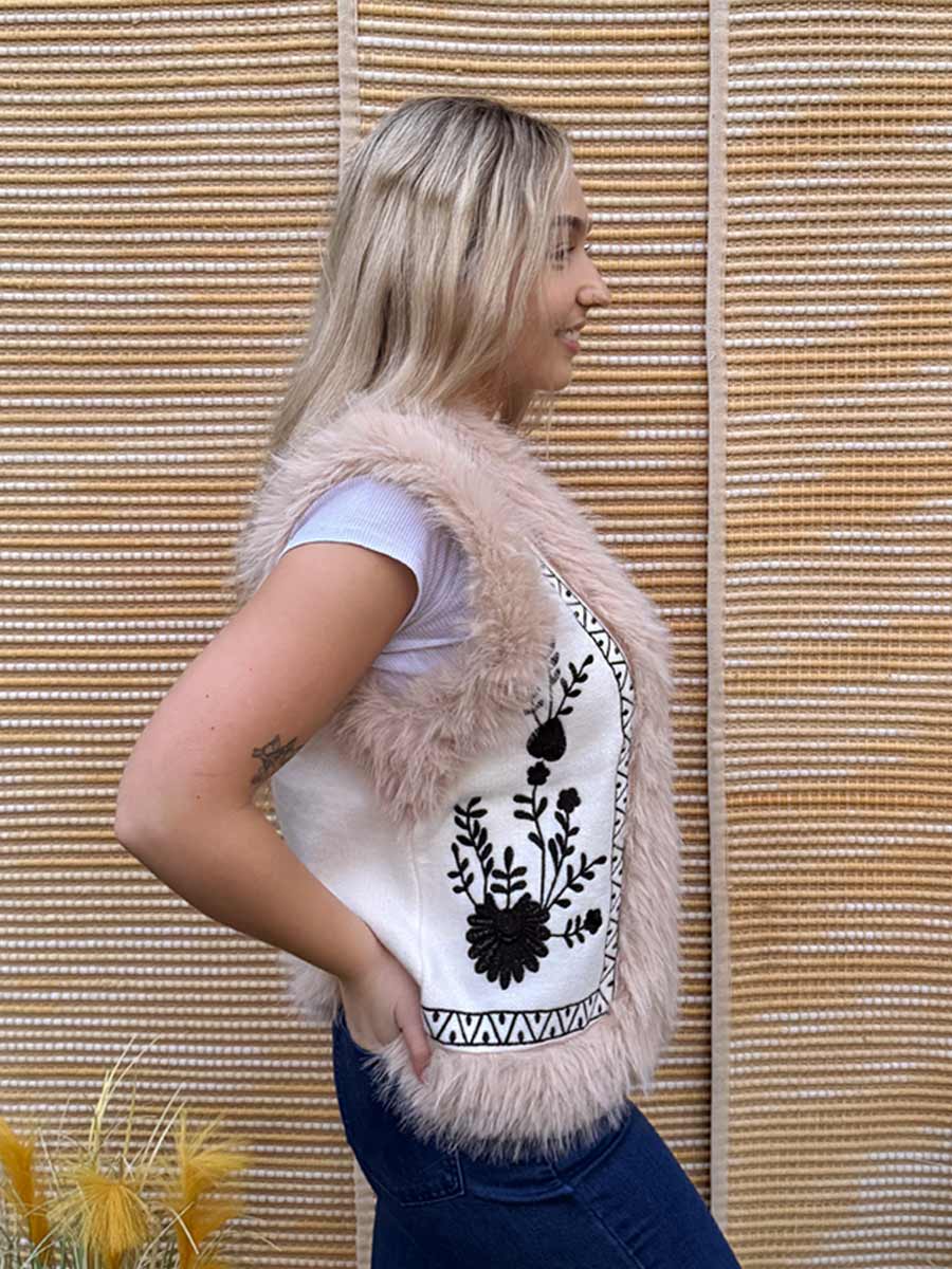 Woodland Knit Vest with Faux Fur Trim with Black Embroidery image 1