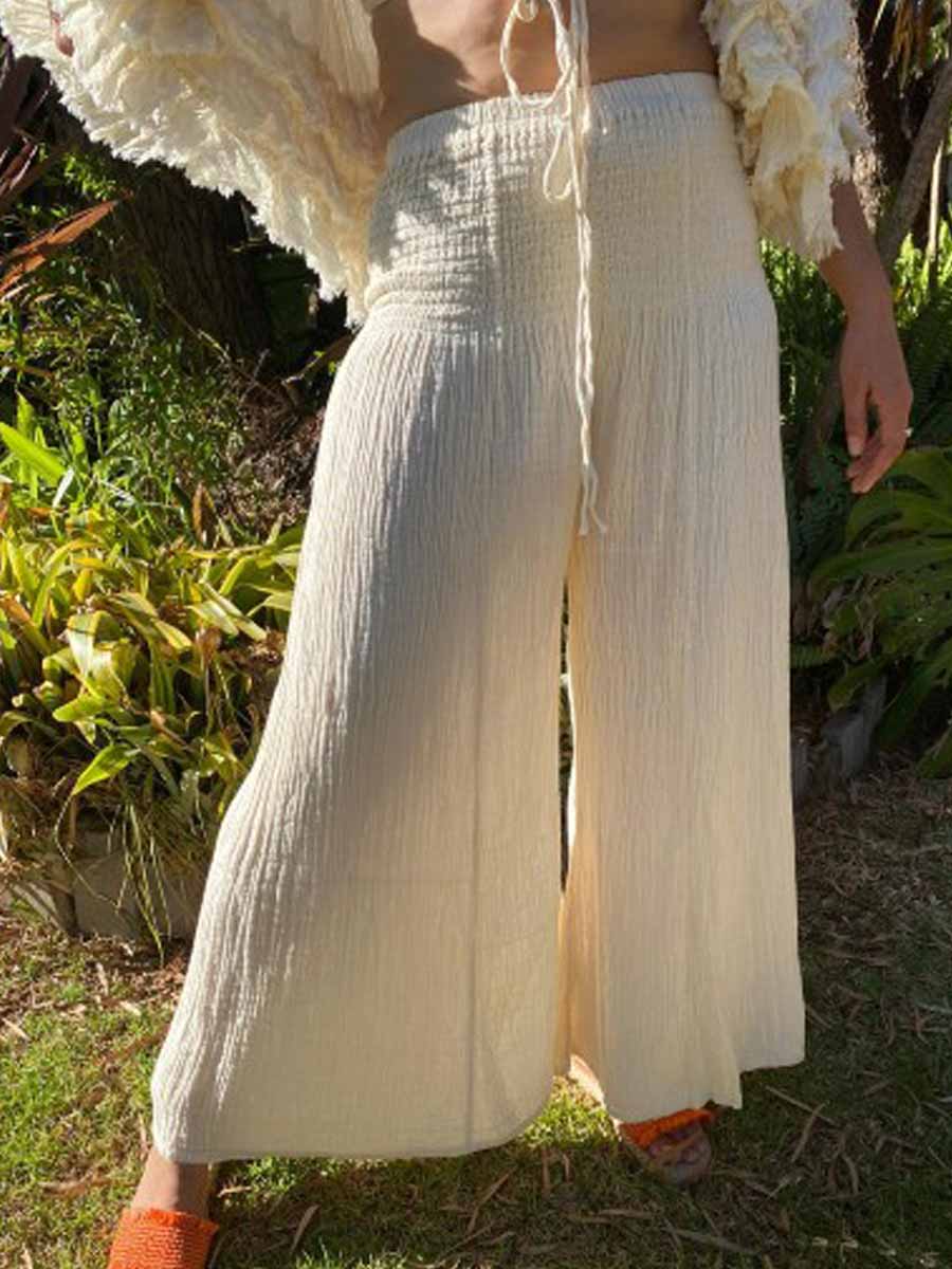 Cheesecloth Wide Leg Yoga Pants in Oat - FREE SIZE image