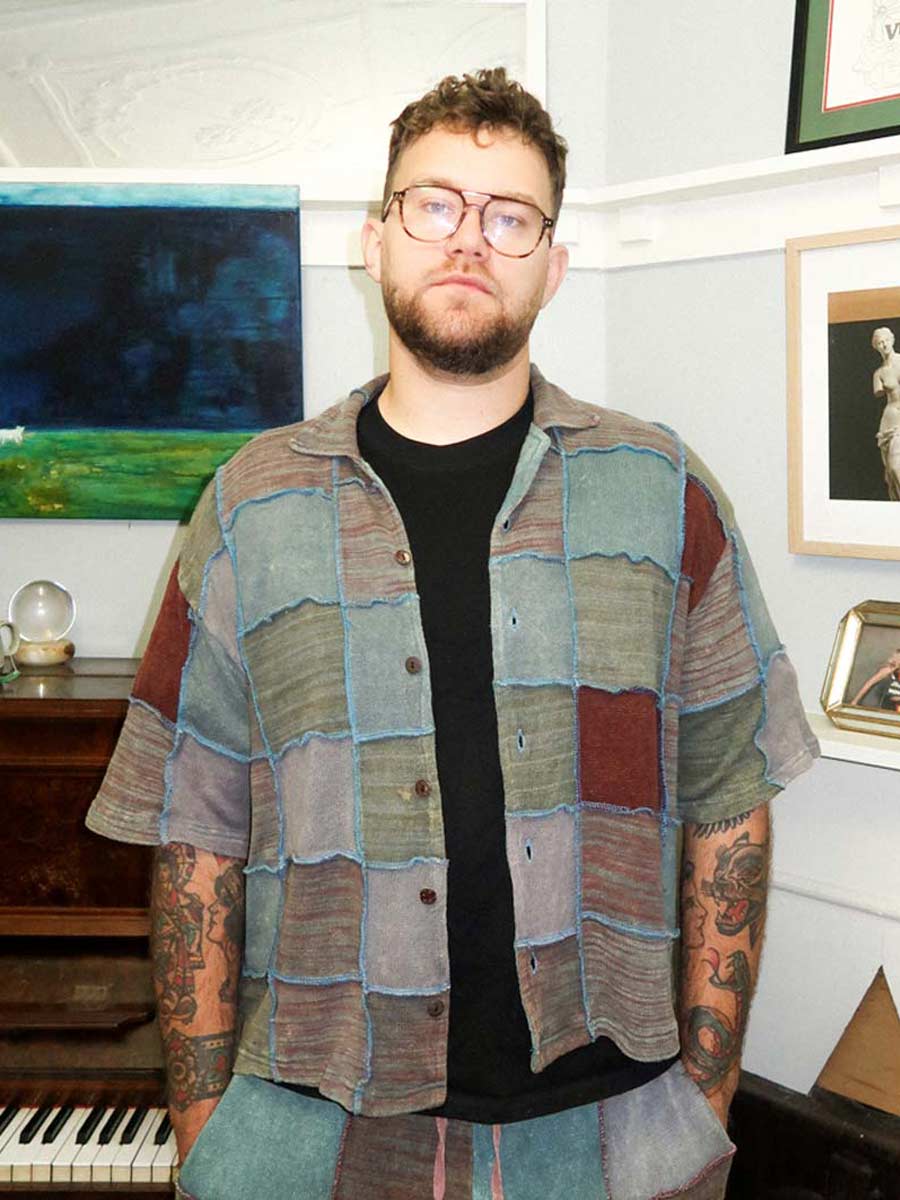 Shiva Short Sleeve Cotton Patchwork Shirt in Eucalypt - M image