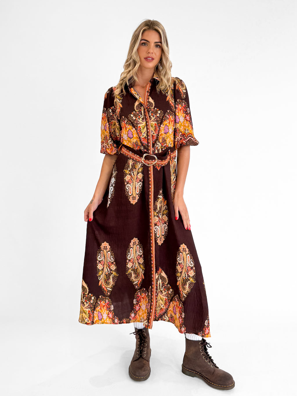 Amara Belted Shirt Dress in Brown/Rust
