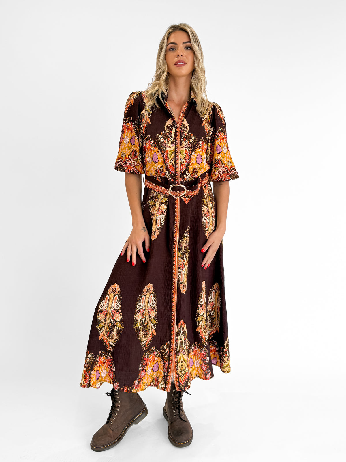 Amara Belted Shirt Dress in Brown/Rust
