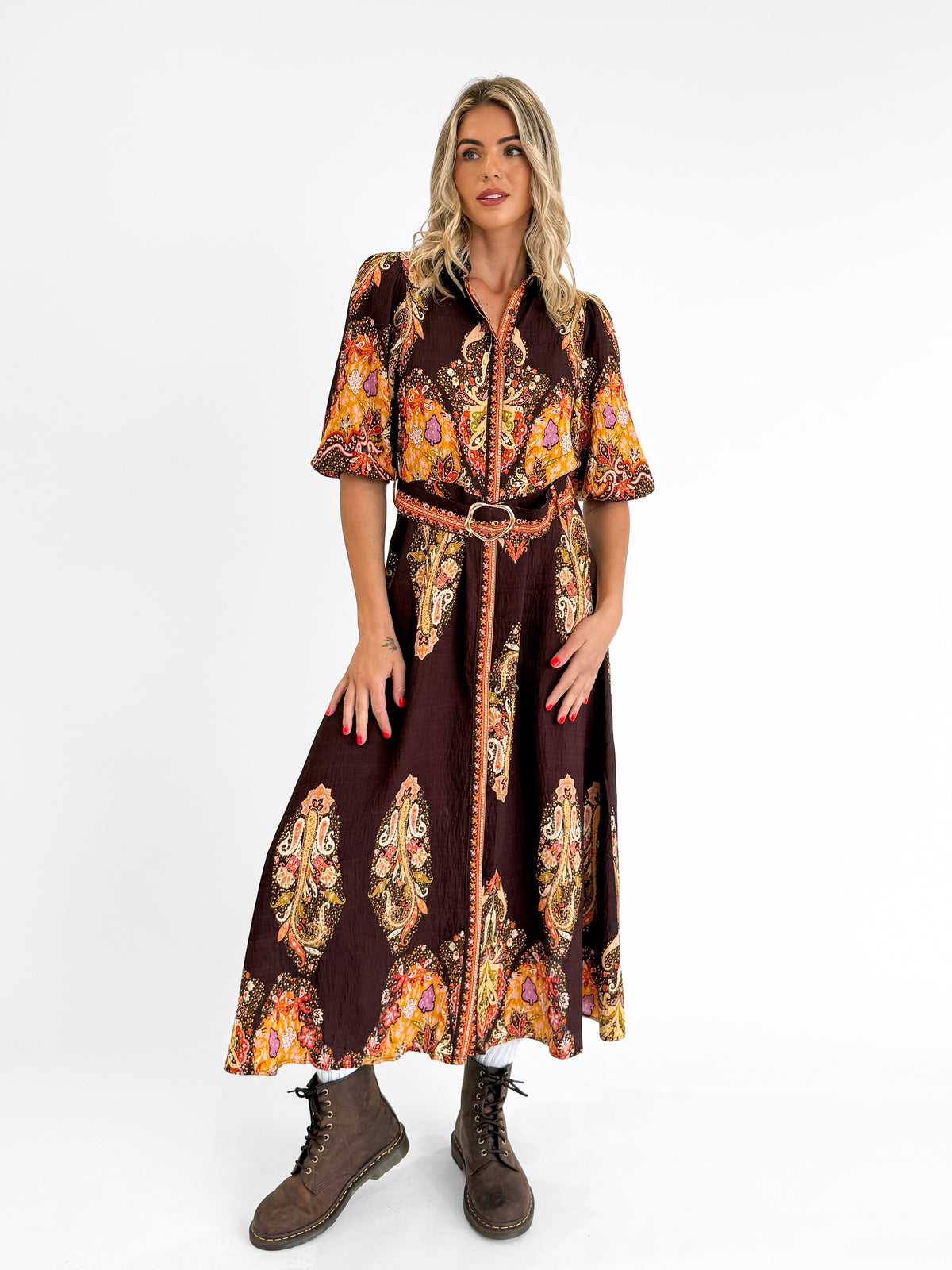 Amara Belted Shirt Dress in Brown/Rust