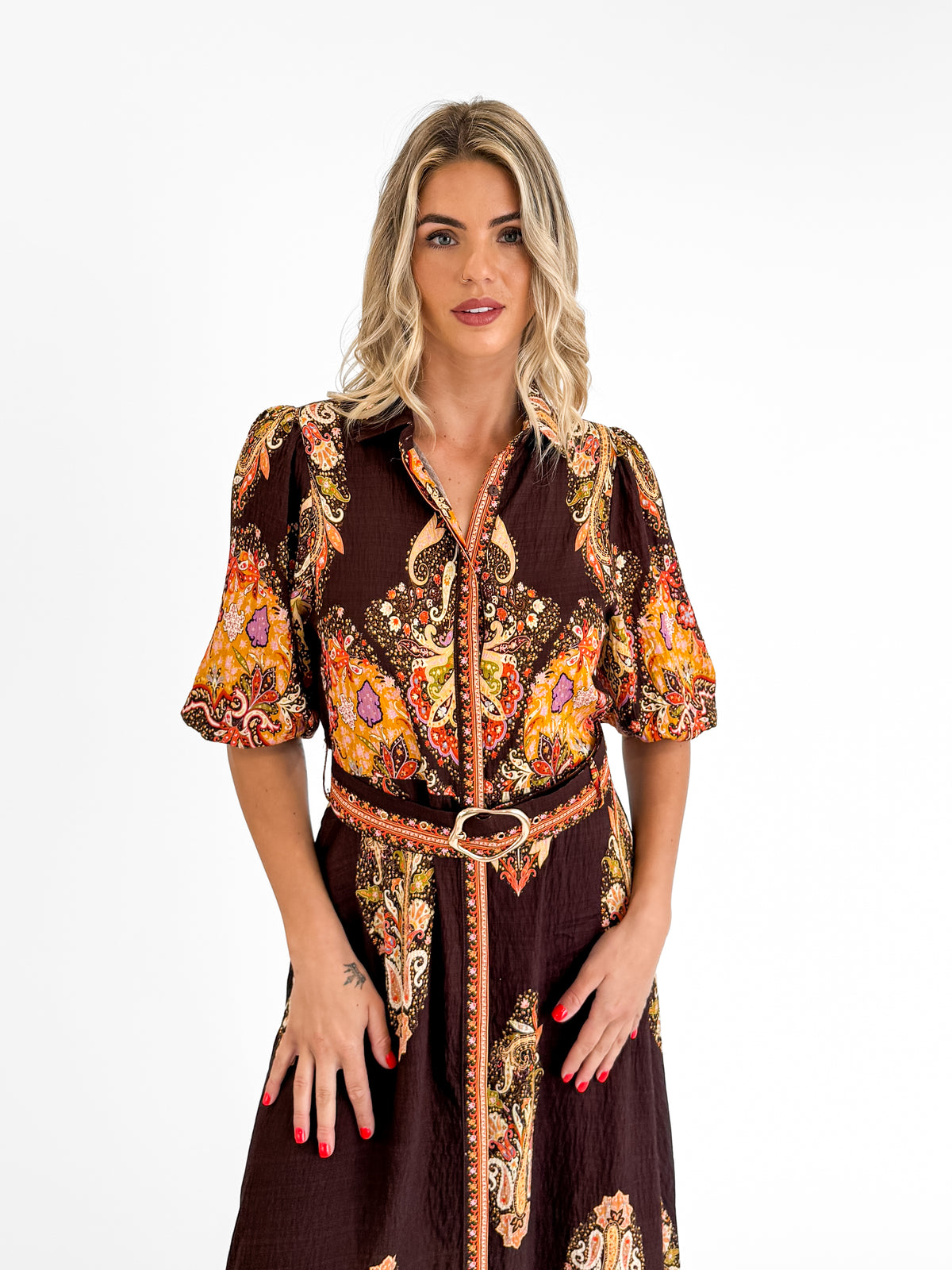 Amara Belted Shirt Dress in Brown/Rust