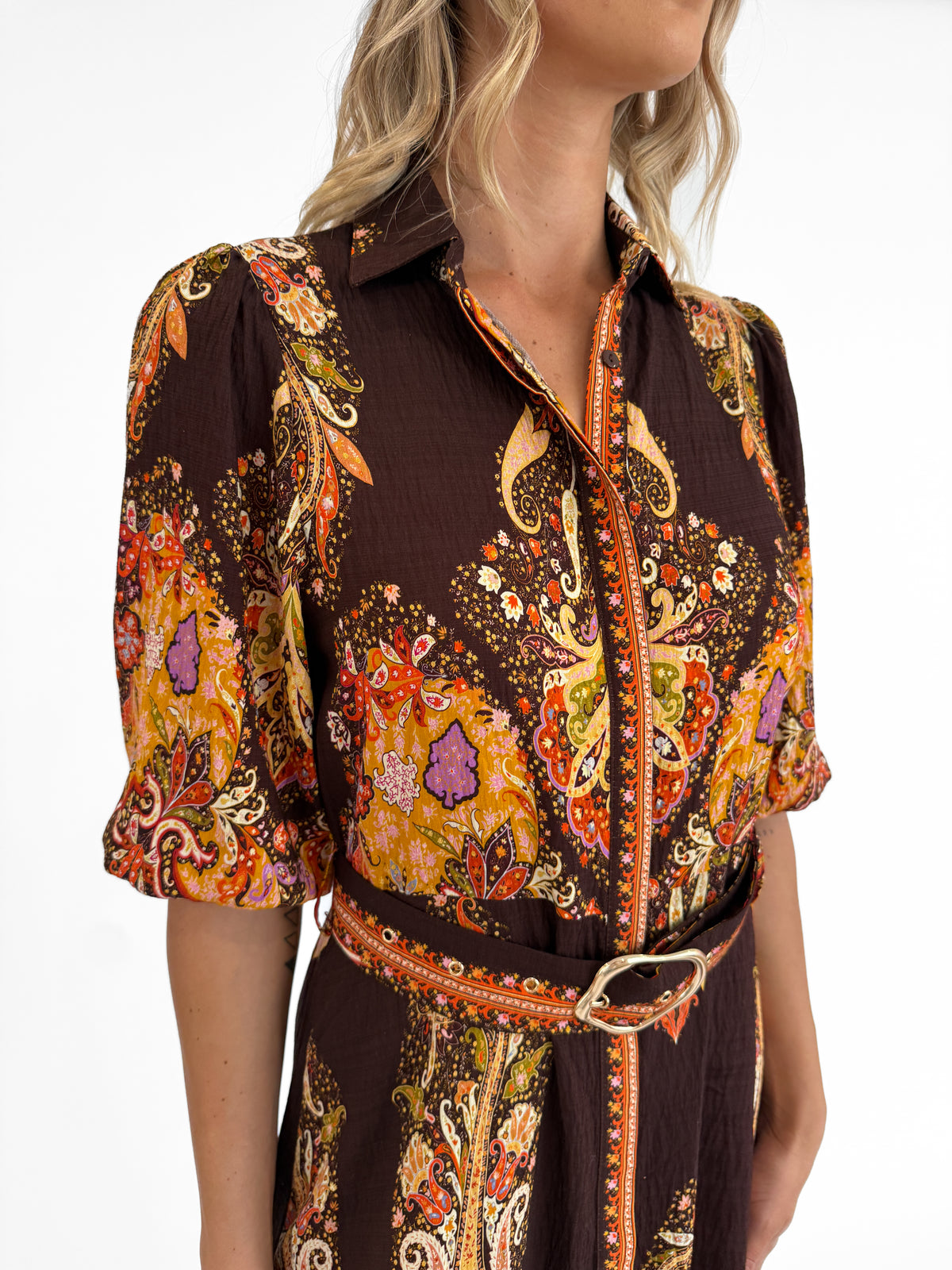 Amara Belted Shirt Dress in Brown/Rust