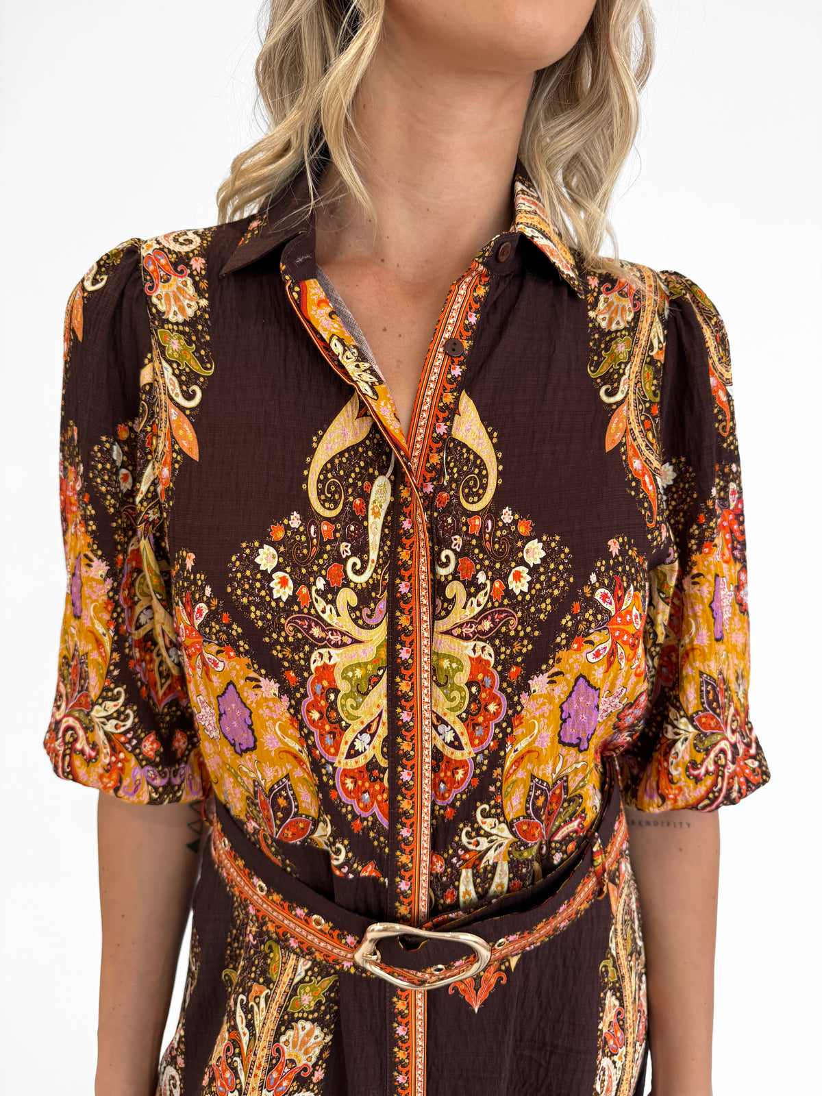 Amara Belted Shirt Dress in Brown/Rust