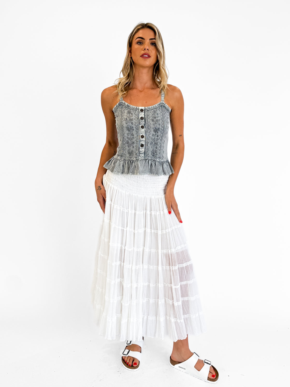 Ayla Stonewash Button-Up Cami with Frill in Silver