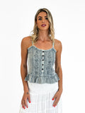 Ayla Stonewash Button-Up Cami with Frill in Silver
