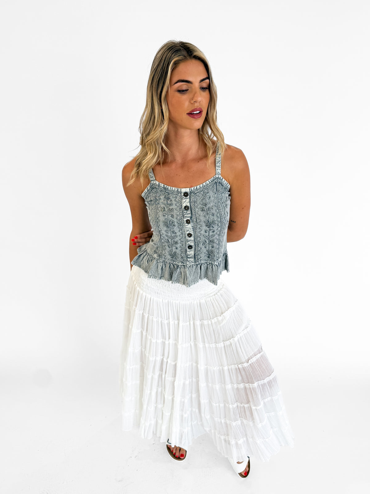 Ayla Stonewash Button-Up Cami with Frill in Silver