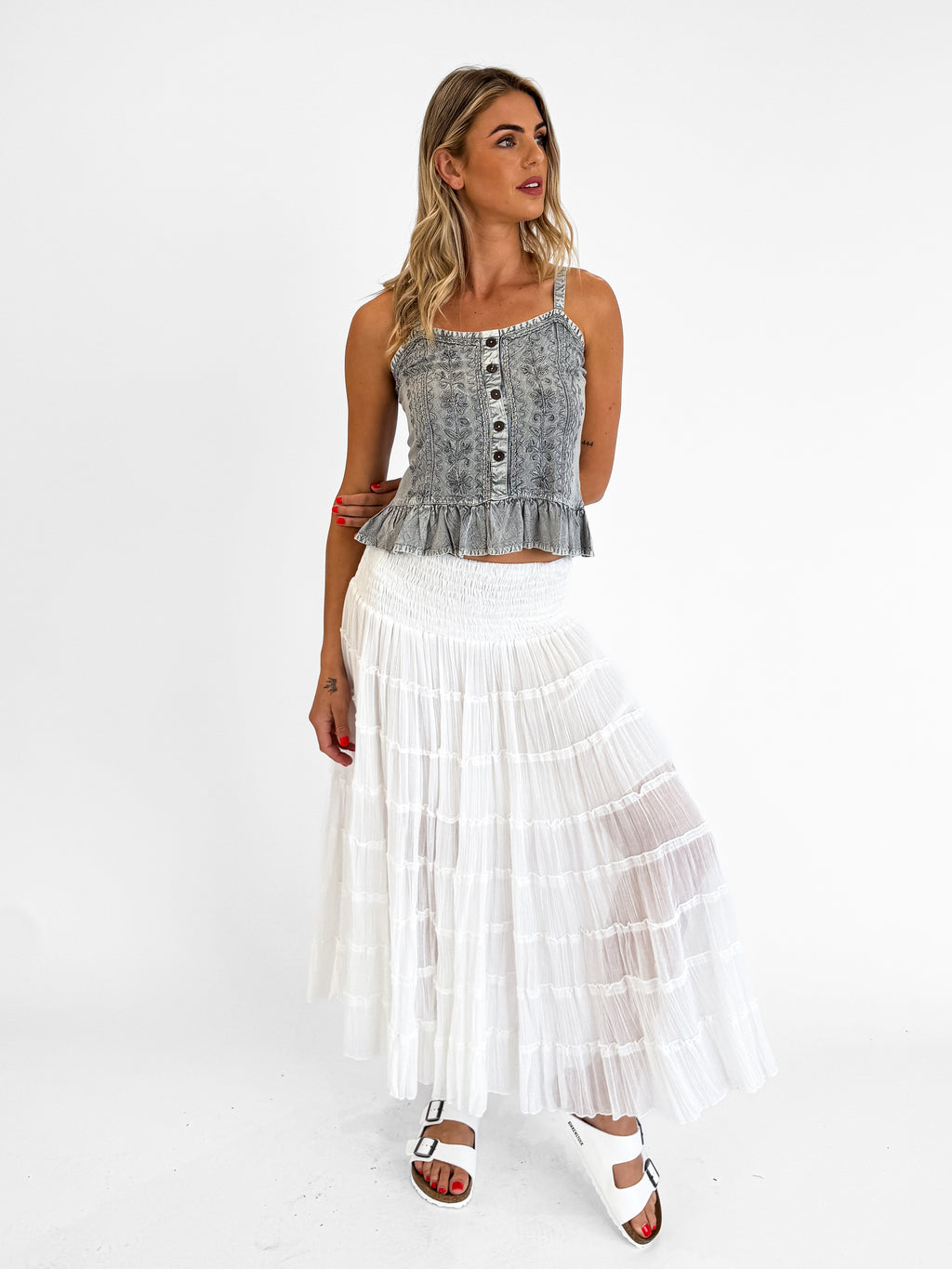 Ayla Stonewash Button-Up Cami with Frill in Silver