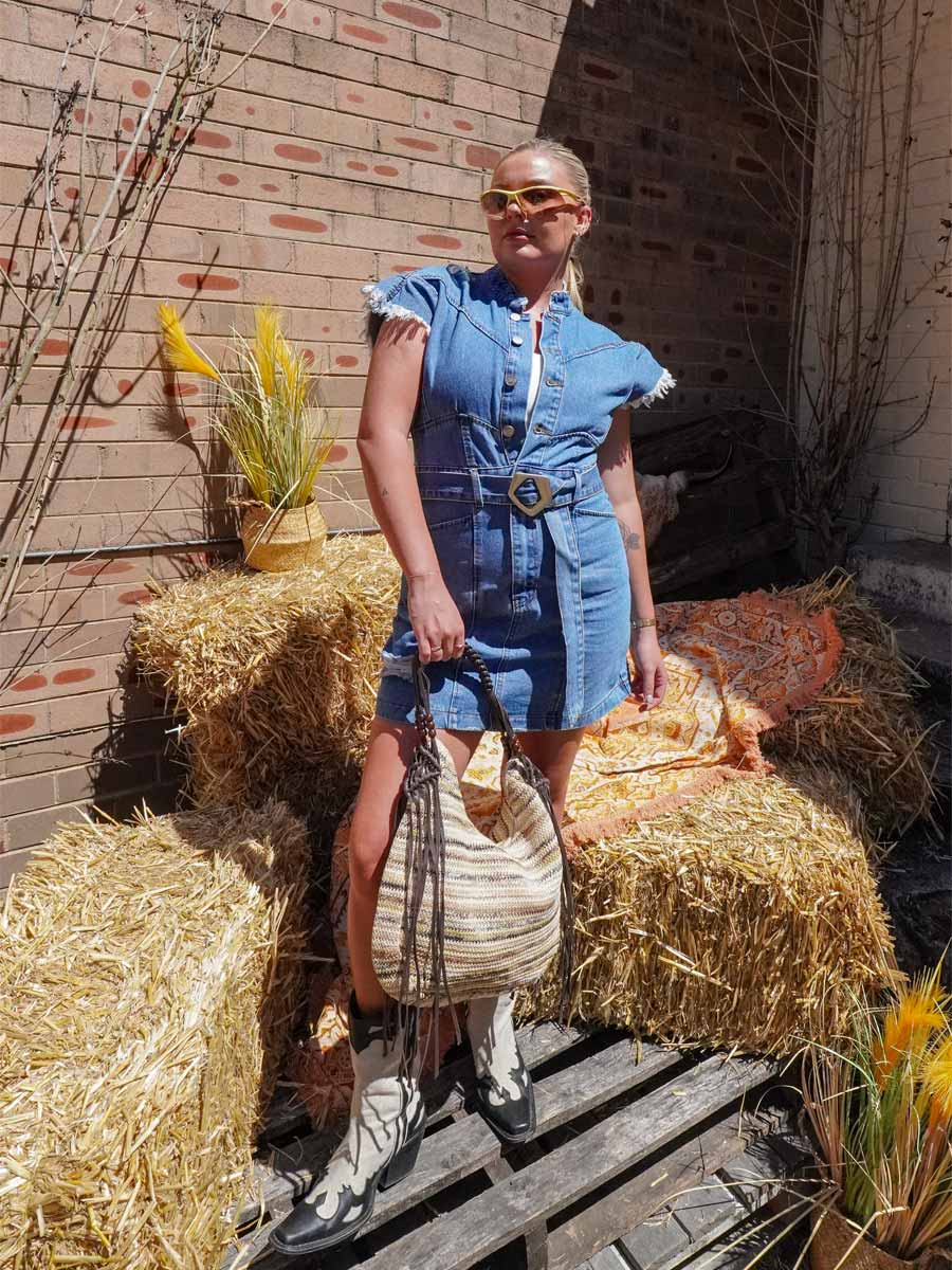 Fringe Woven Beach Bag With Bead Detail image 1
