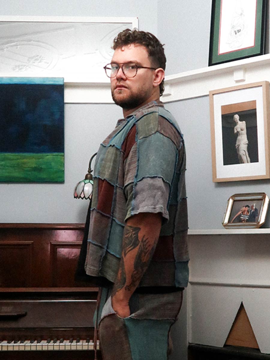 Shiva Short Sleeve Cotton Patchwork Shirt in Eucalypt image 1