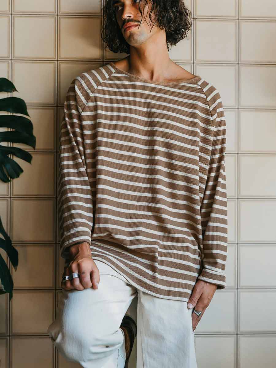 Ottway | Nolan Striped Long Sleeve T-shirt - Brown and Cream image 6