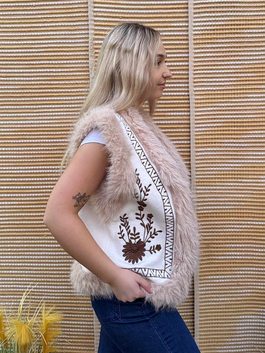 Woodland Knit Vest with Faux Fur Trim with Brown Embroidery image 1
