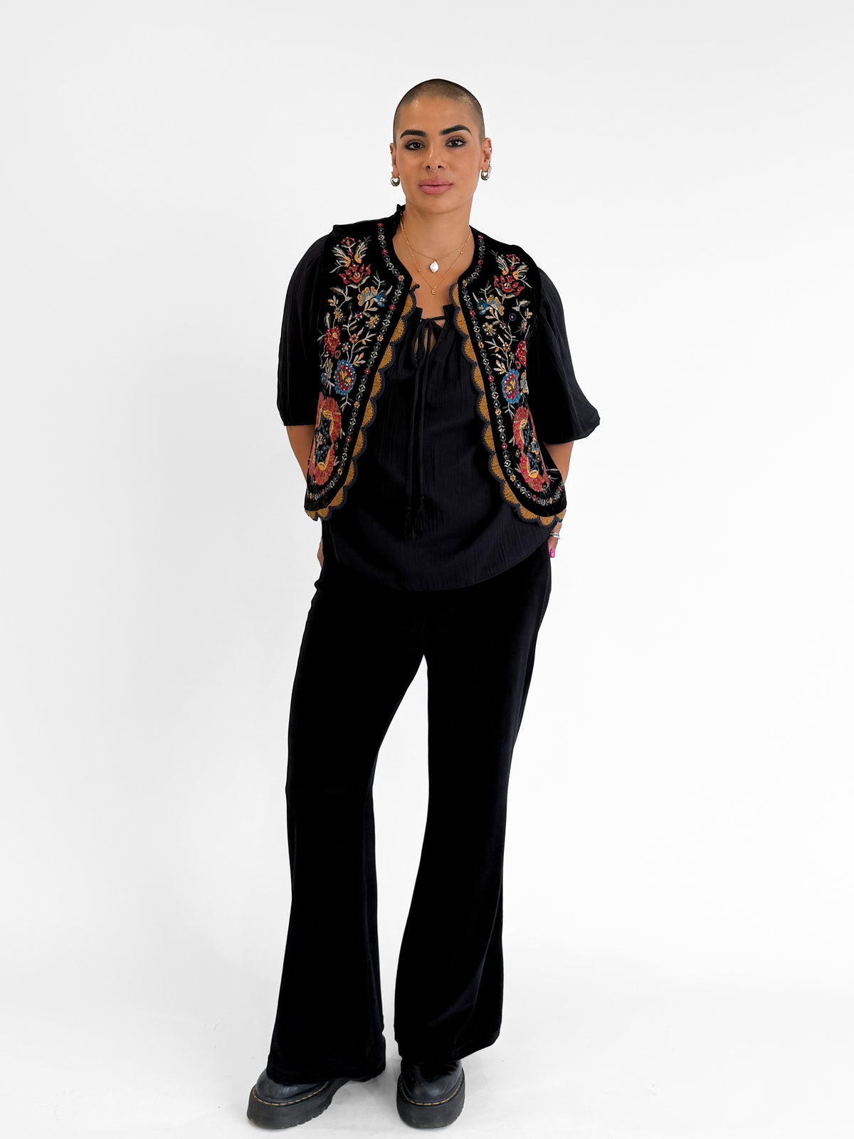 Folklore Embellished Vest with Crochet Trim in Black