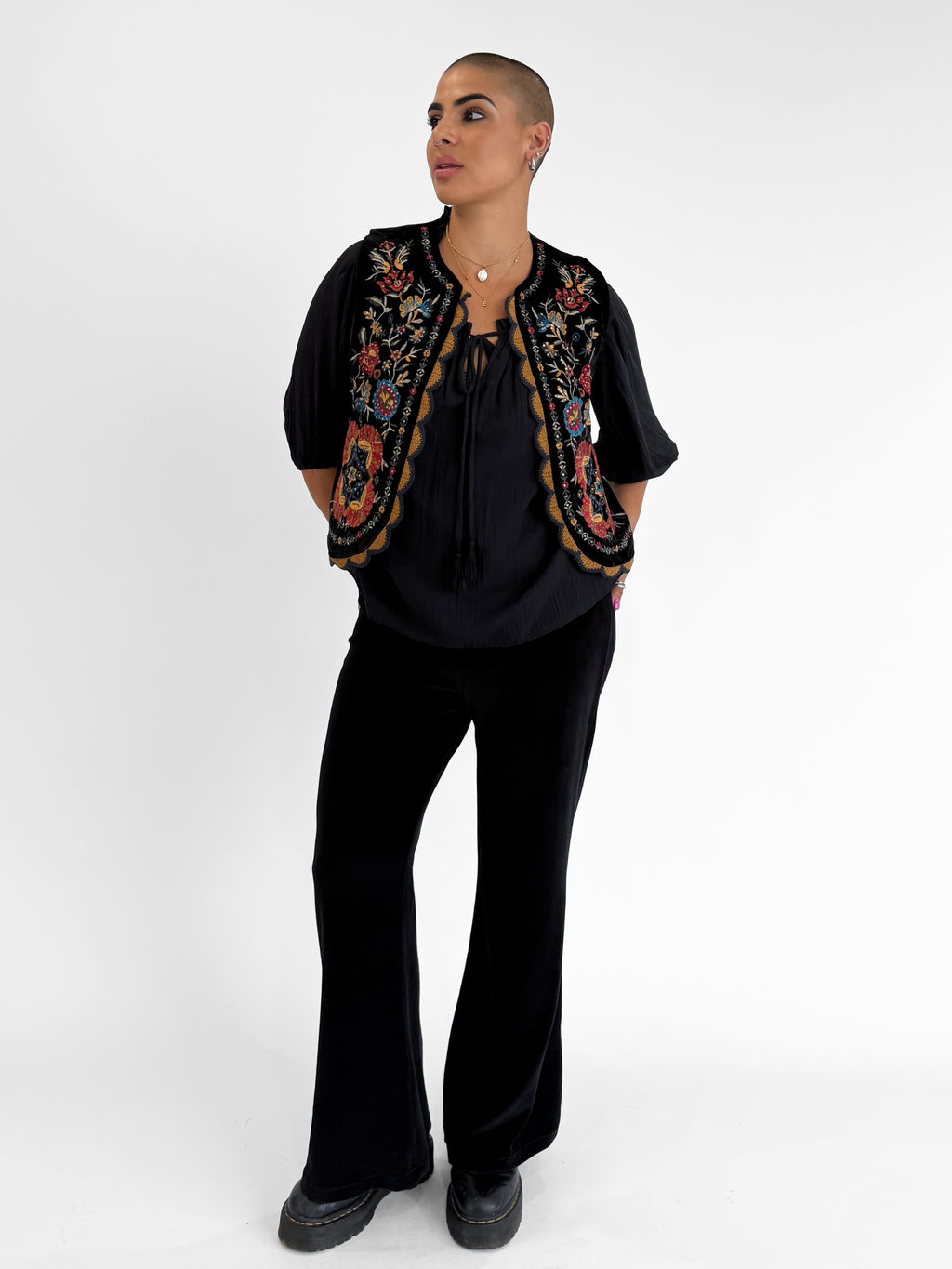 Folklore Embellished Vest with Crochet Trim in Black