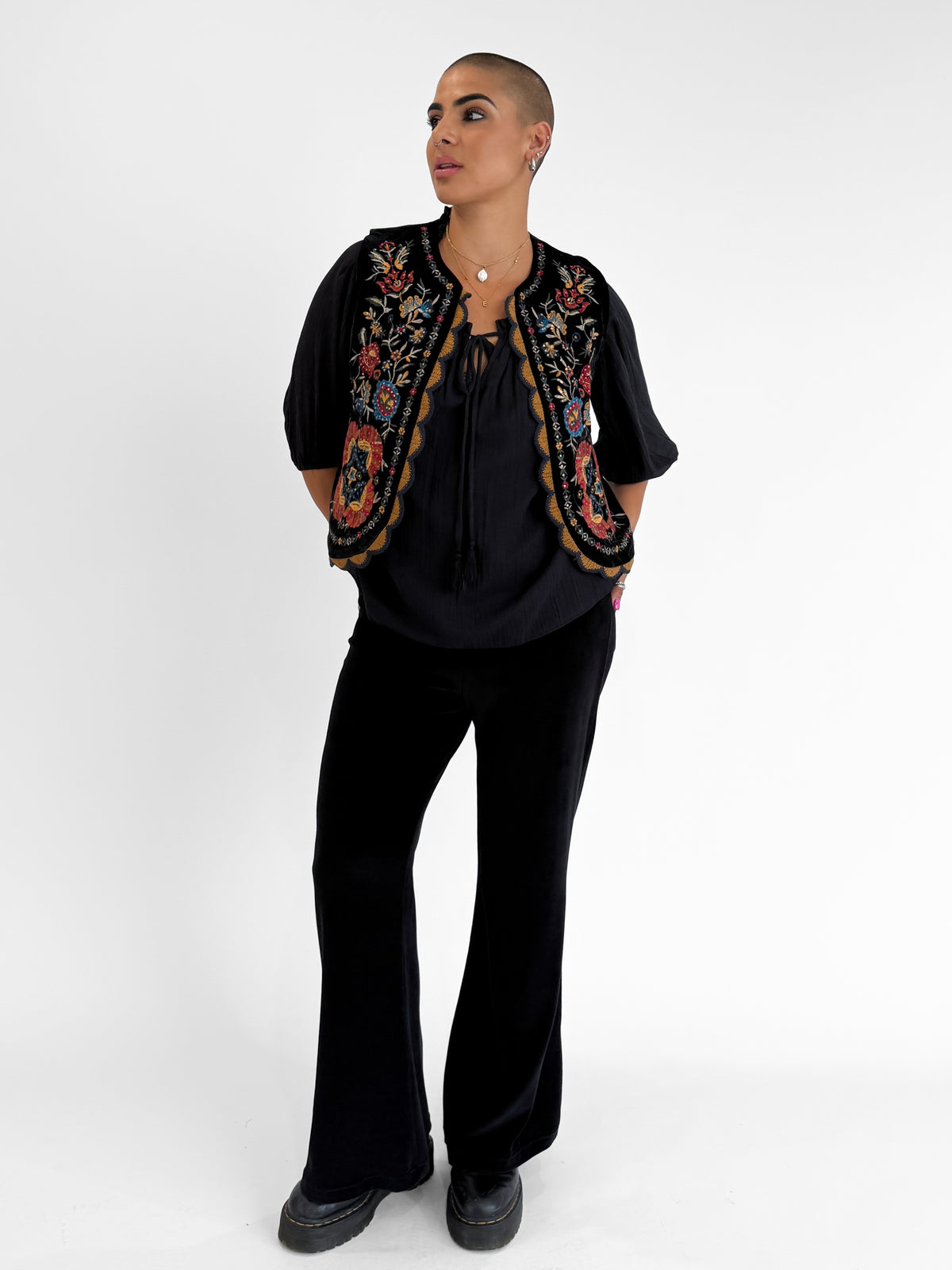 Folklore Embellished Vest with Crochet Trim in Black