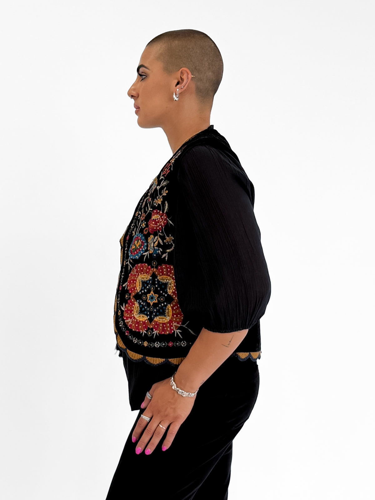 Folklore Embellished Vest with Crochet Trim in Black