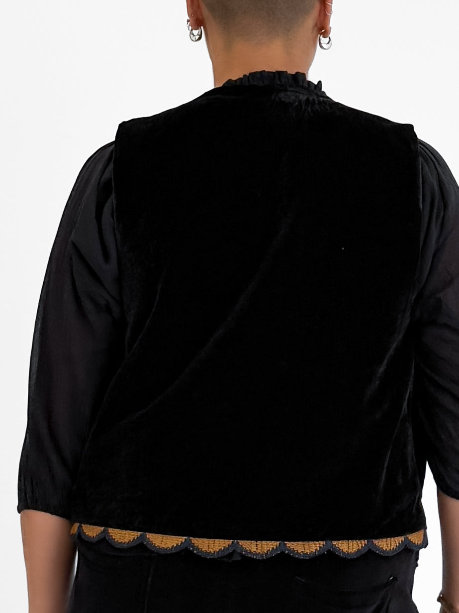 Folklore Embellished Vest with Crochet Trim in Black