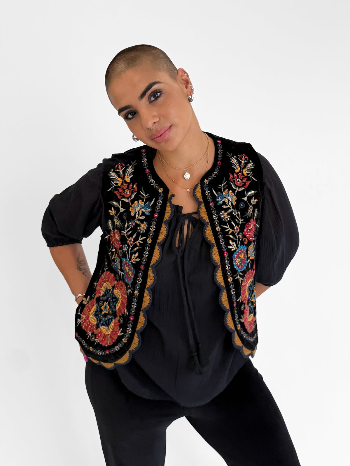 Folklore Embellished Vest with Crochet Trim in Black