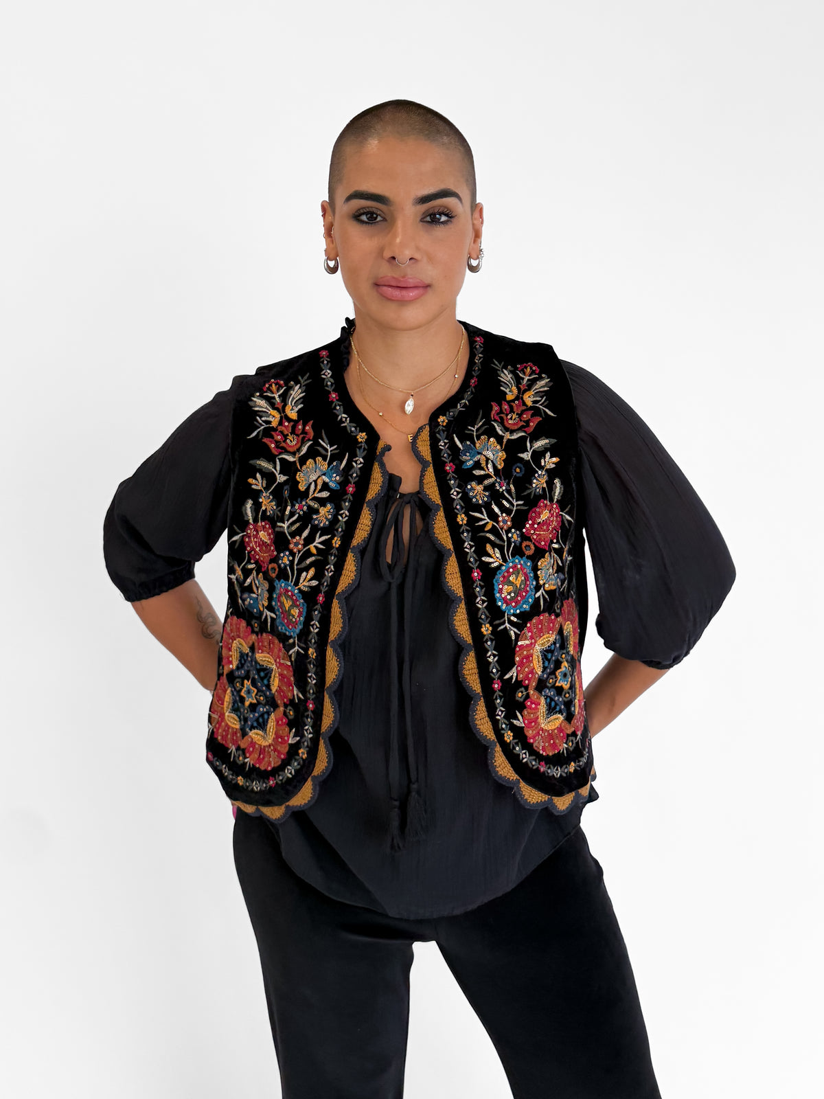 Folklore Embellished Vest with Crochet Trim in Black