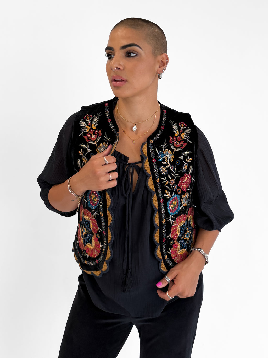 Folklore Embellished Vest with Crochet Trim in Black