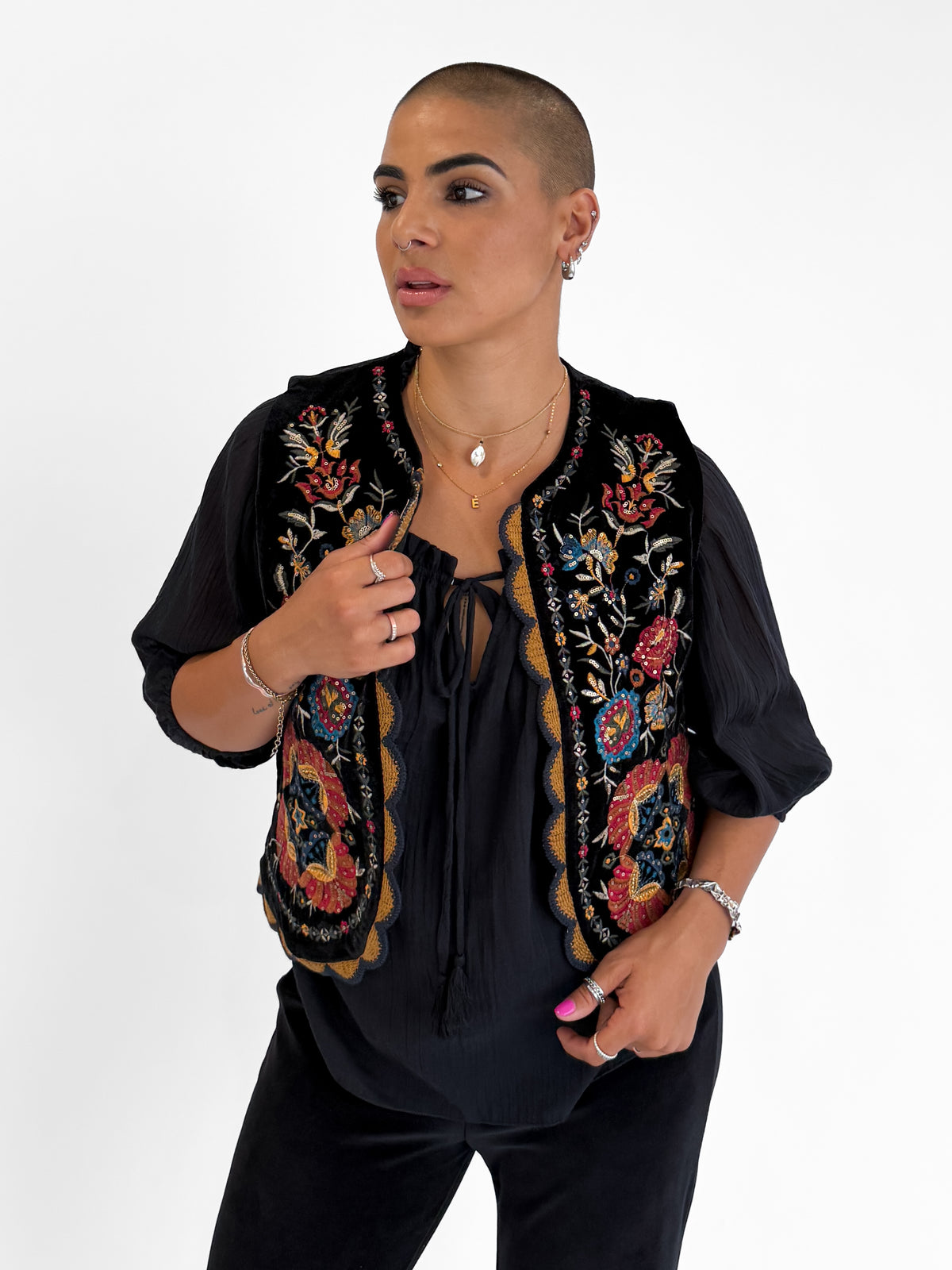 Folklore Embellished Vest with Crochet Trim in Black
