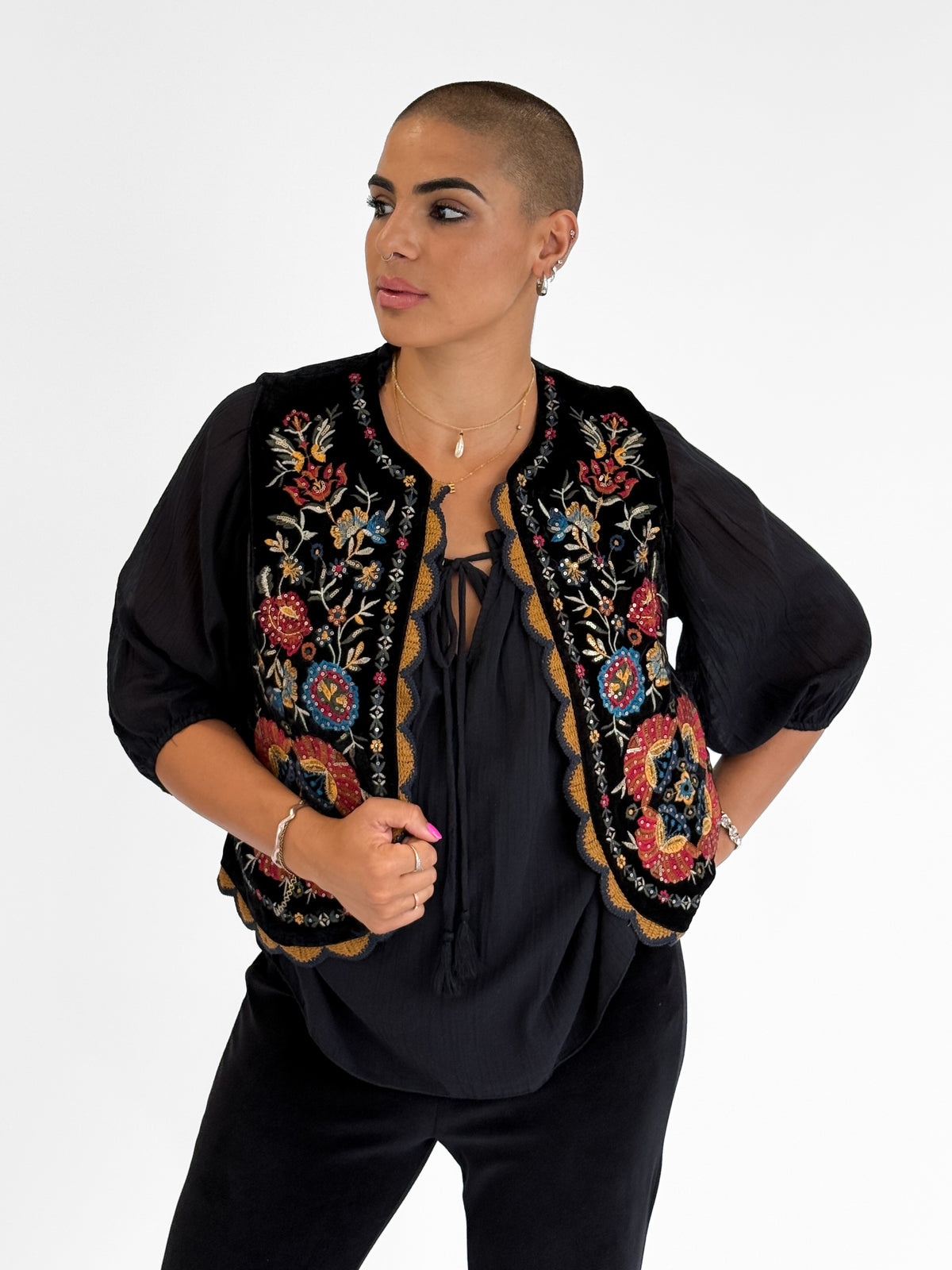 Folklore Embellished Vest with Crochet Trim in Black