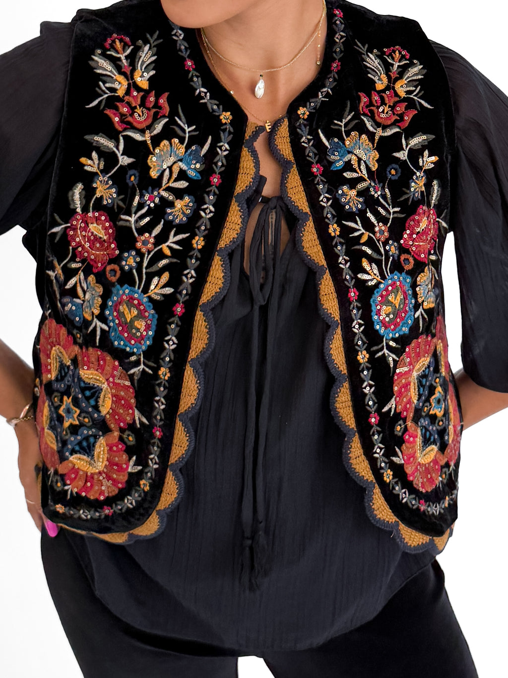 Folklore Embellished Vest with Crochet Trim in Black