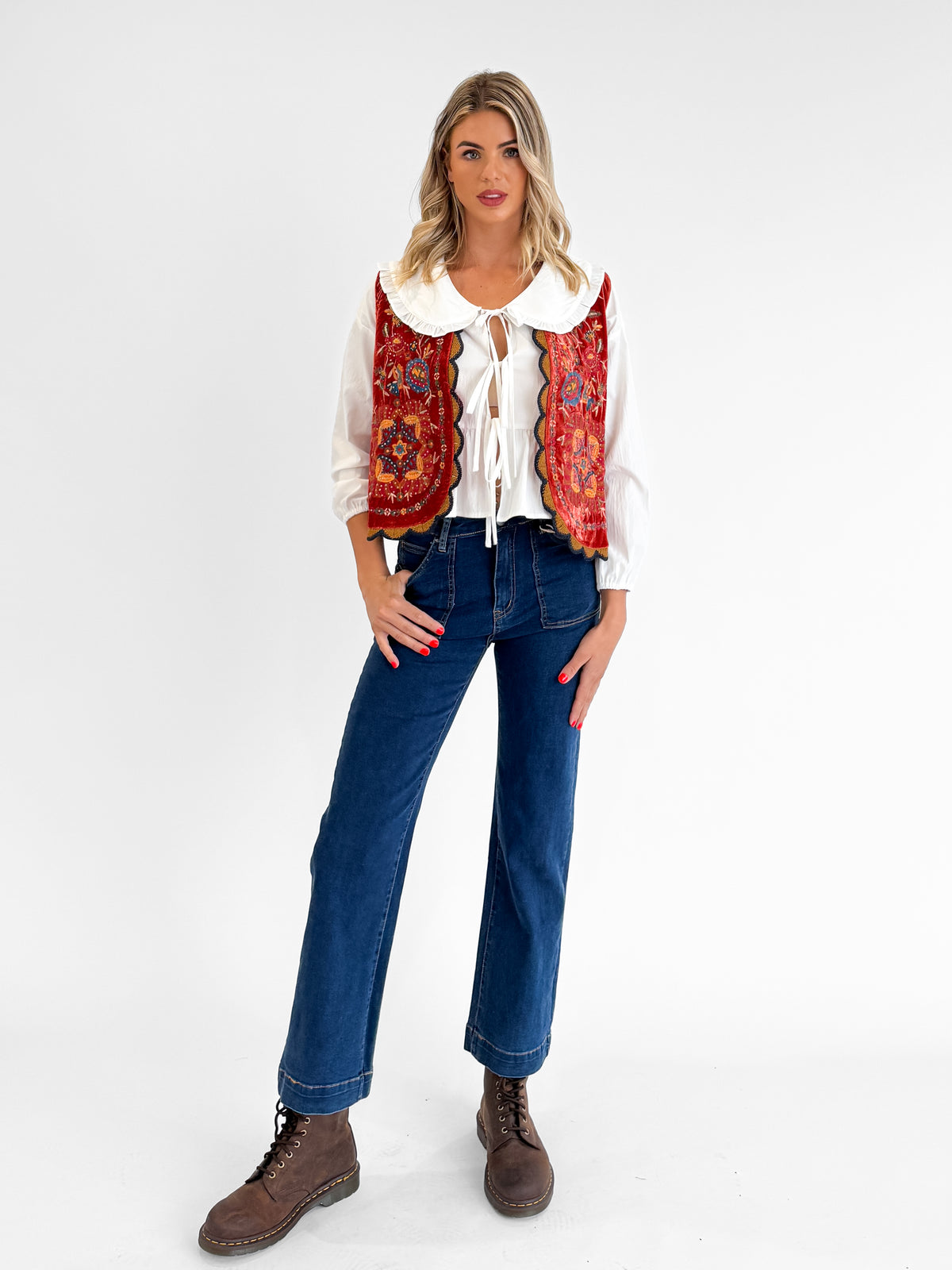 Folklore Embellished Vest with Crochet Trim in Red