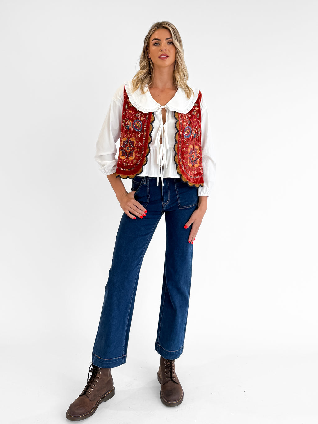Folklore Embellished Vest with Crochet Trim in Red