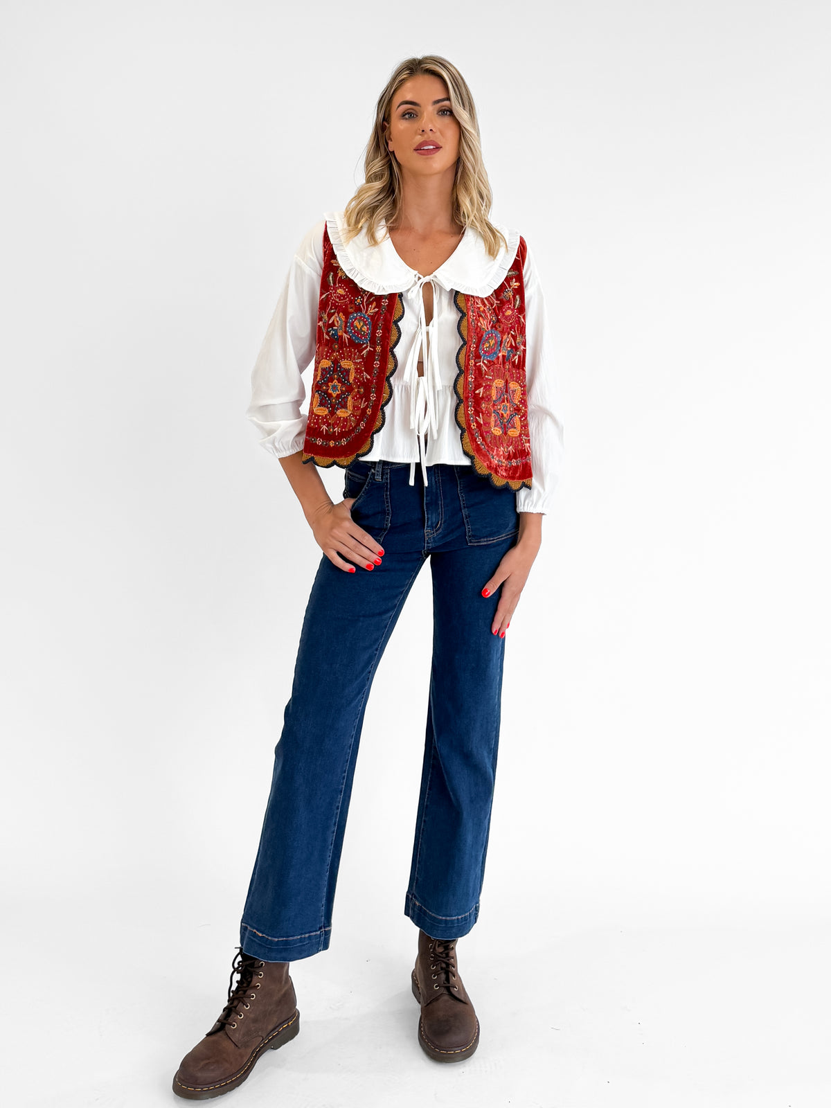 Folklore Embellished Vest with Crochet Trim in Red