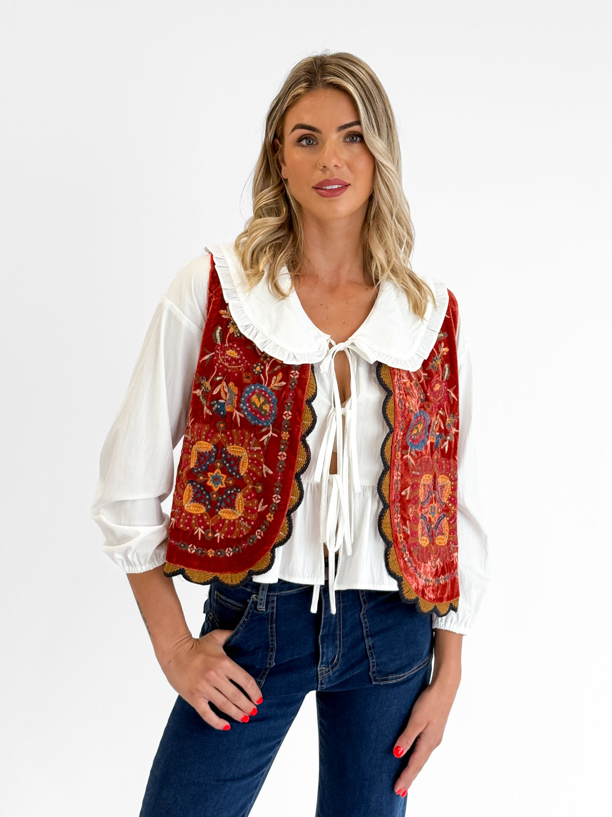 Folklore Embellished Vest with Crochet Trim in Red