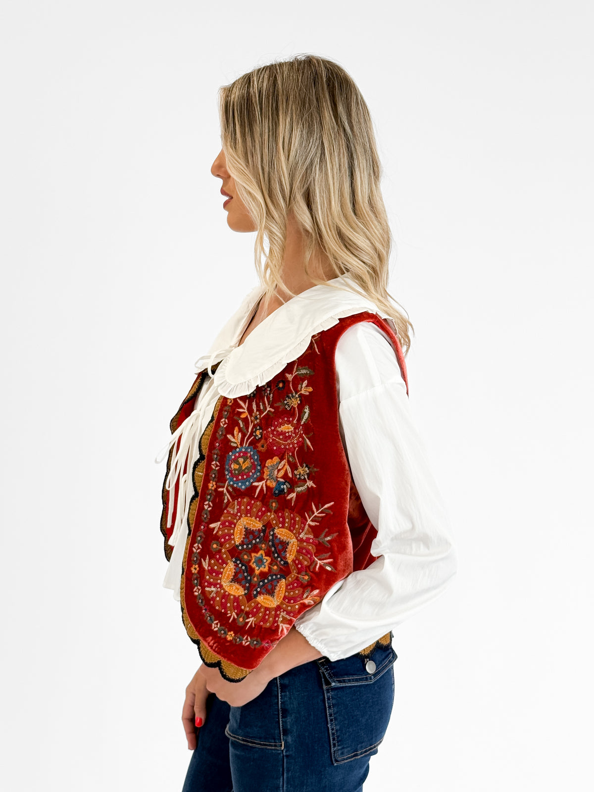 Folklore Embellished Vest with Crochet Trim in Red