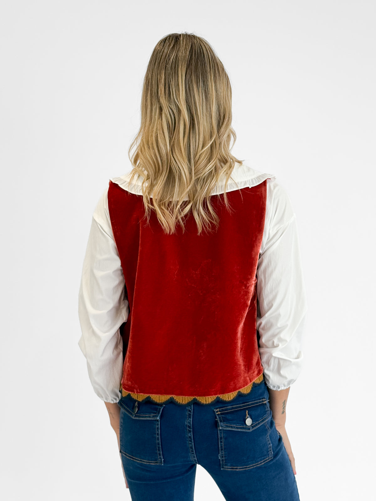 Folklore Embellished Vest with Crochet Trim in Red