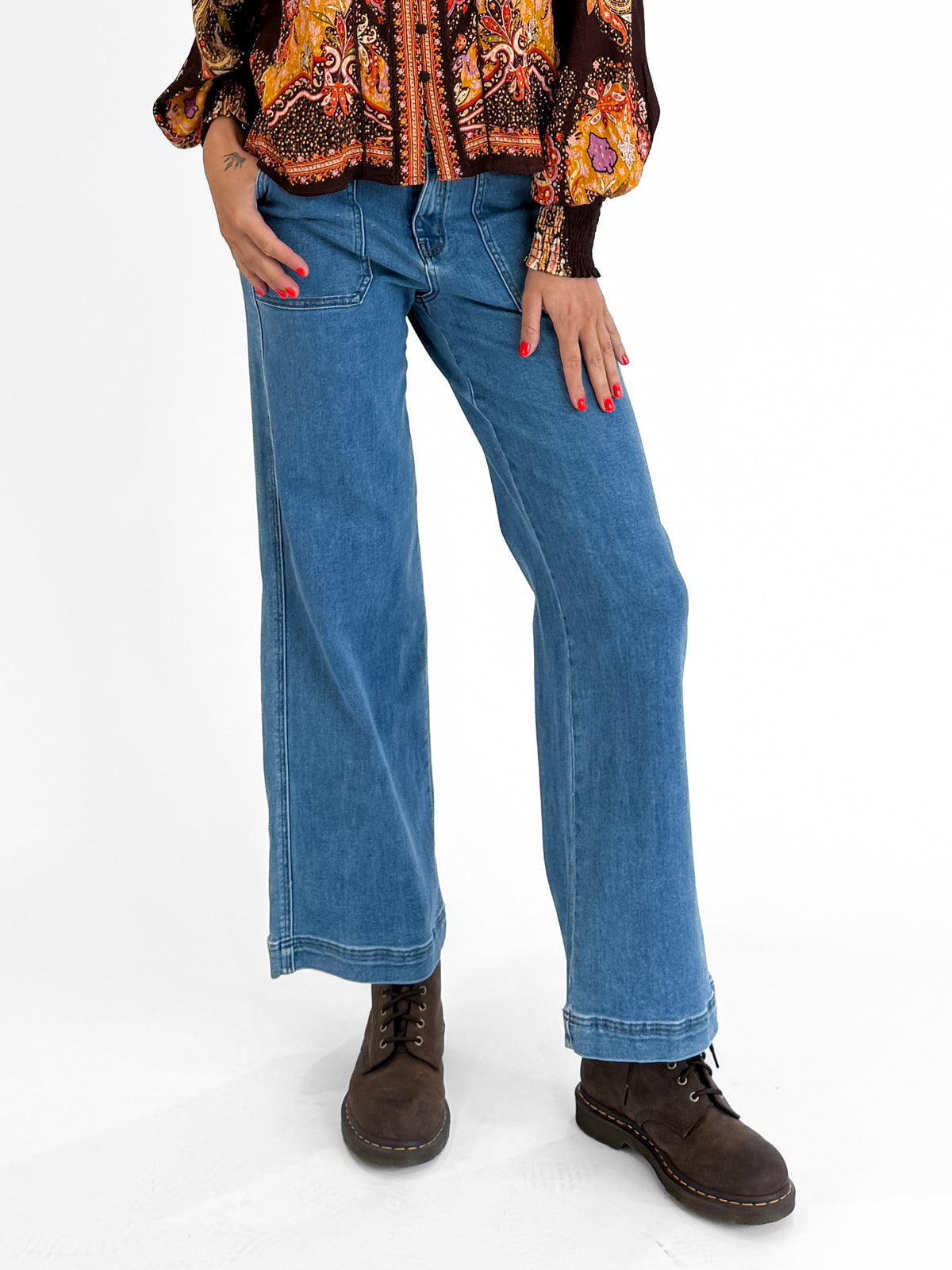 Mayfair Wide Leg Denim Jeans in Mid Wash Blue