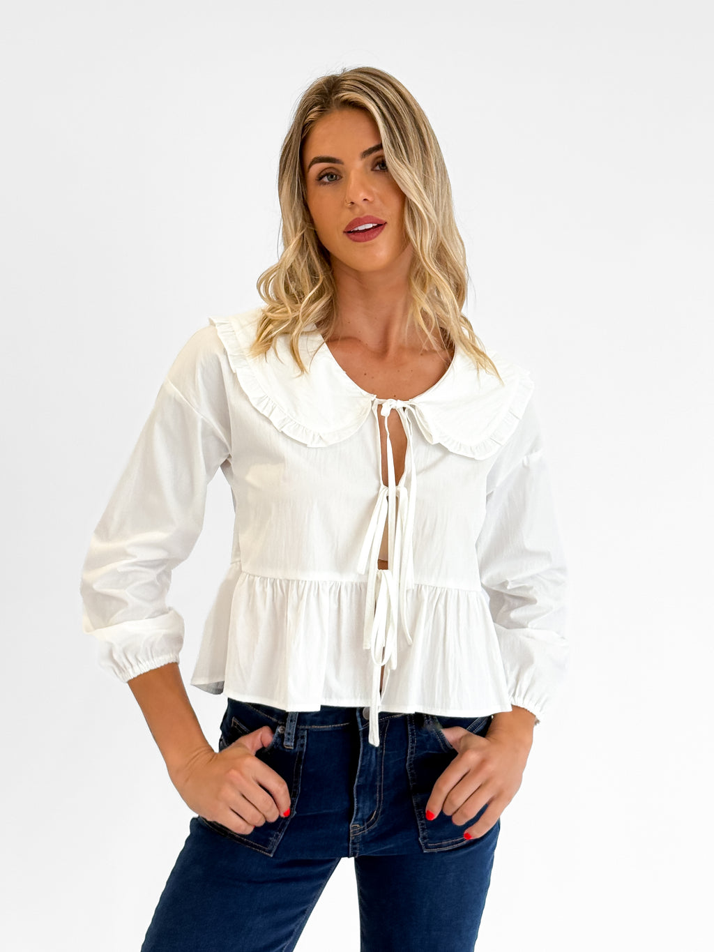 Prairie Long Sleeve Top with Tie Front and Peter Pan Collar