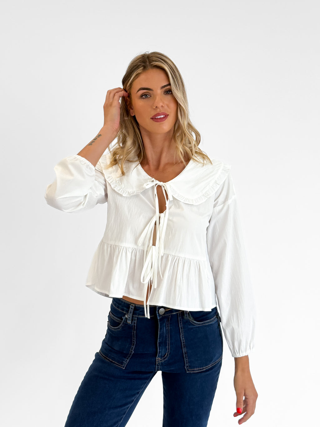 Prairie Long Sleeve Top with Tie Front and Peter Pan Collar