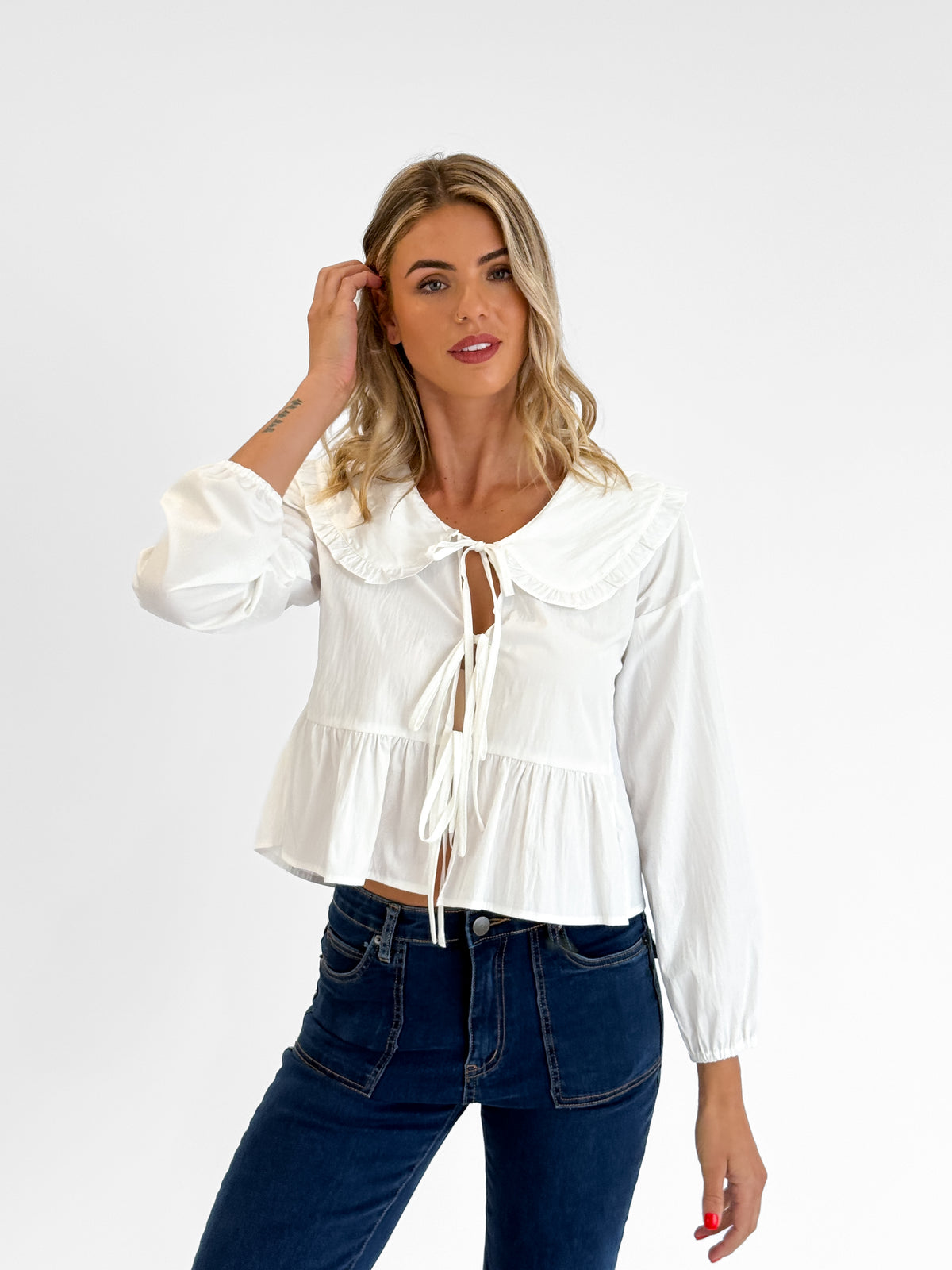 Prairie Long Sleeve Top with Tie Front and Peter Pan Collar
