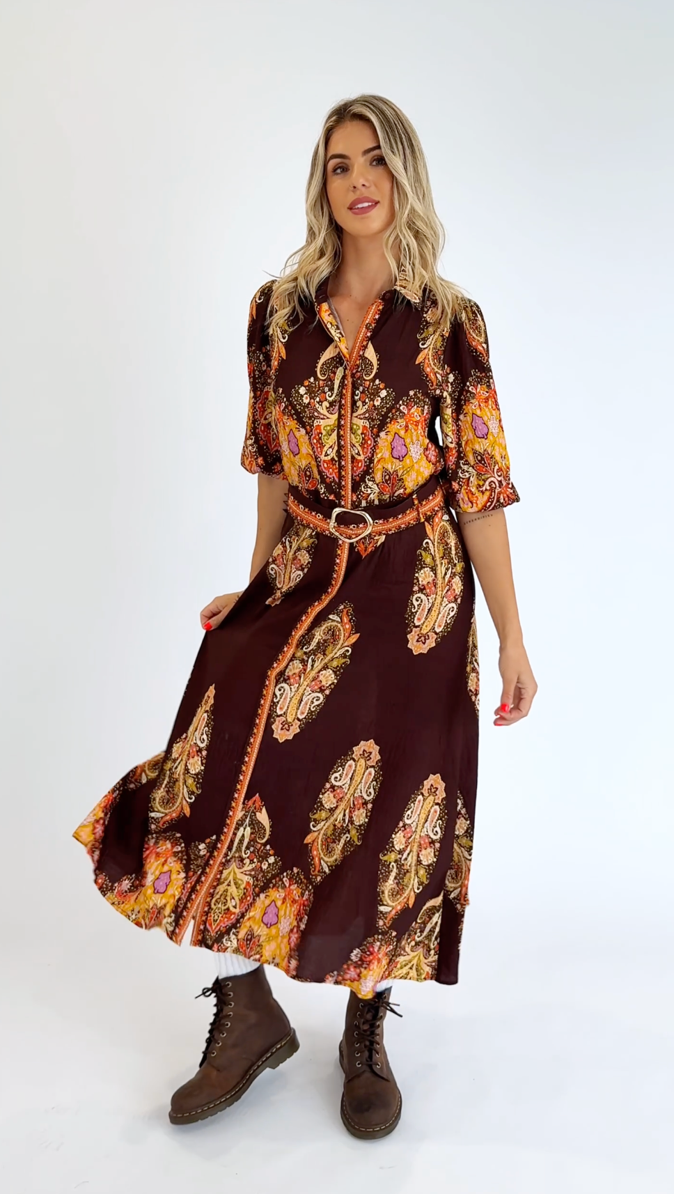 Amara Belted Shirt Dress in Brown/Rust