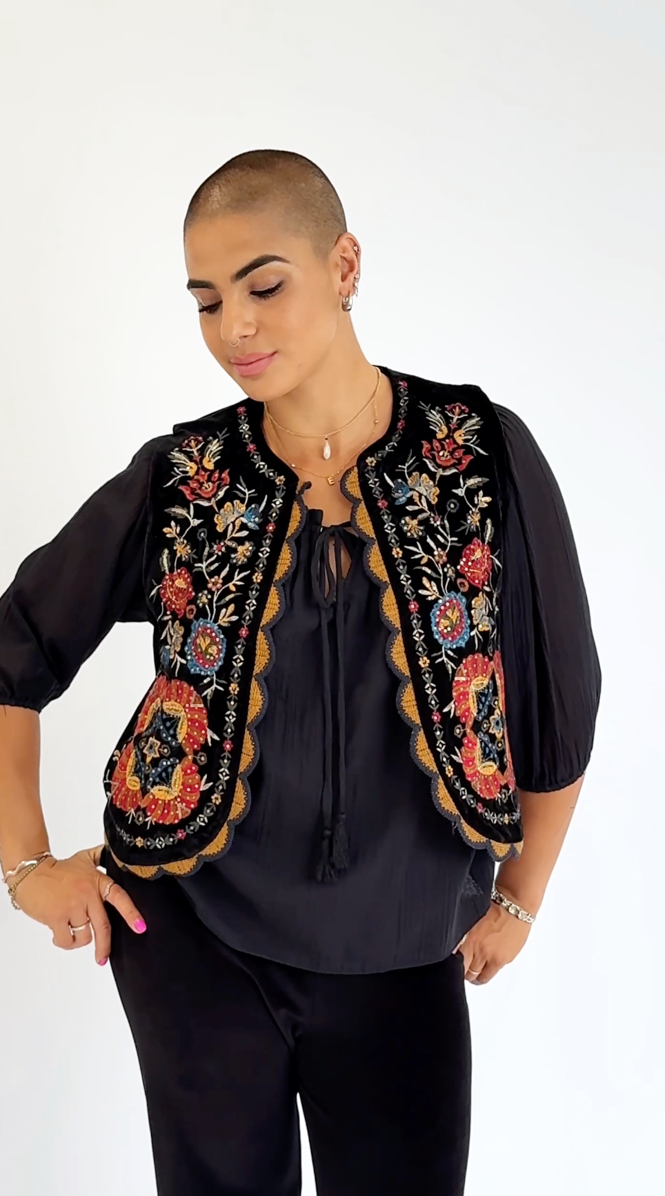 Folklore Embellished Vest with Crochet Trim in Black